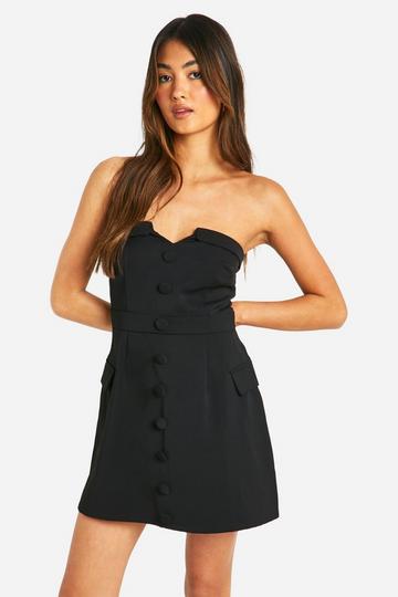 Button Front Bandeau Tailored Mini Dress black