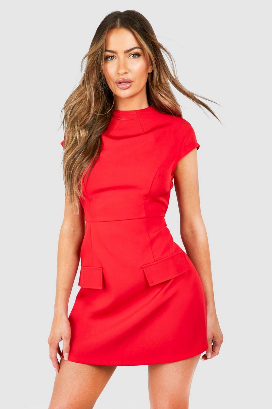 Red High Neck Structured Tailored Mini Dress