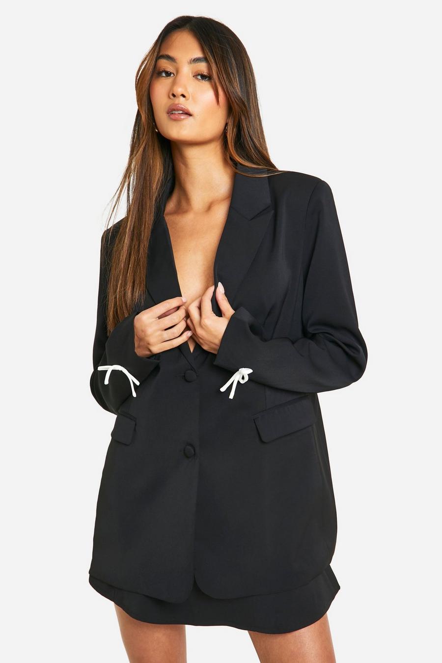 Black Contrast Bow Relaxed Fit Blazer image number 1
