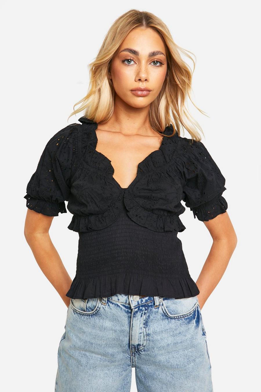 Black Broderie Shirred Puff Sleeve Top