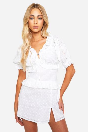 Broderie Shirred Puff Sleeve Top white