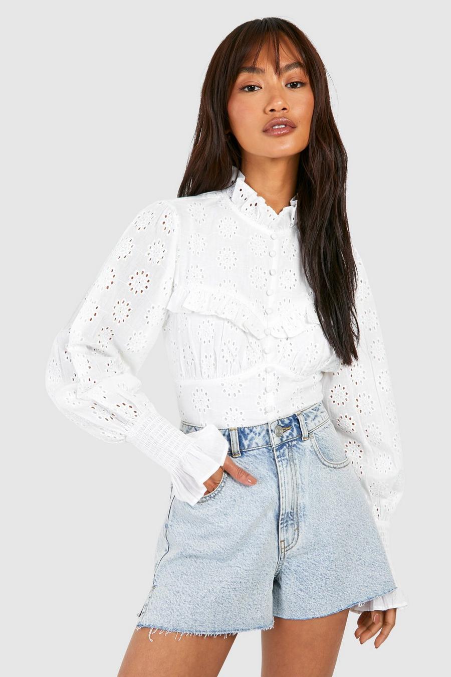White Broderie High Neck Unlined Sleeves  image number 1