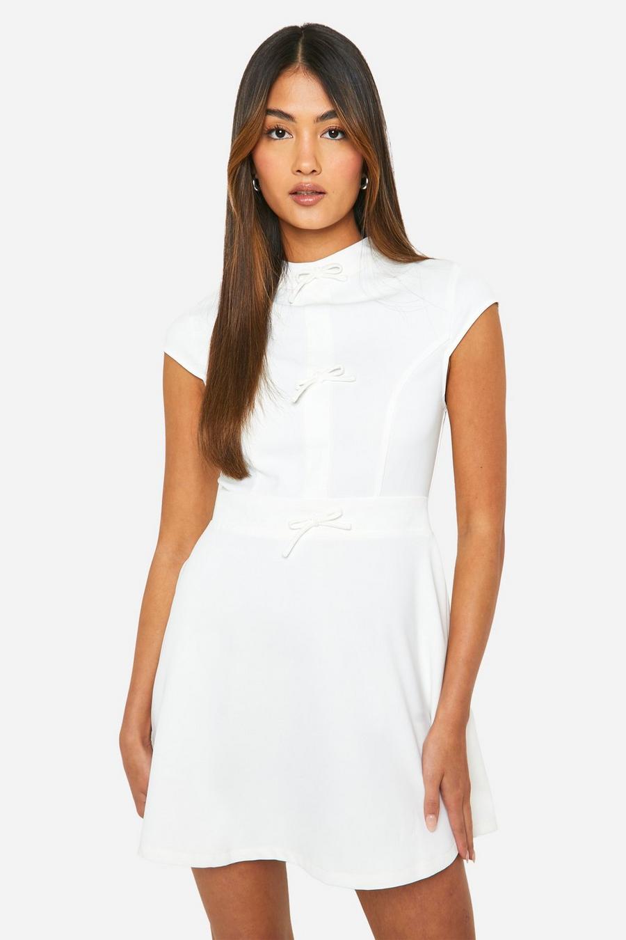 Ivory High Neck Bow Detail Tailored Mini Dress