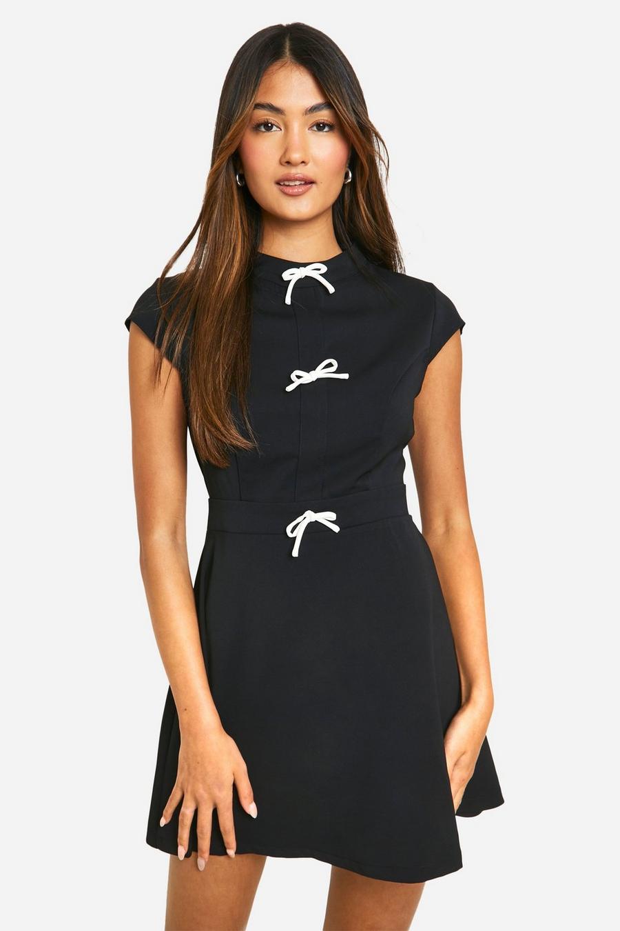 Black High Neck Bow Detail Tailored Mini Dress