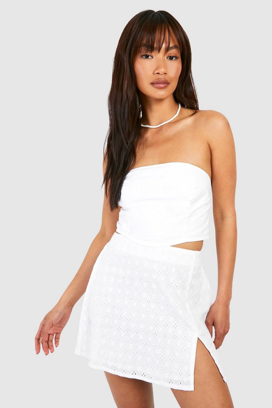 White Broderie Split Hem Mini Skirt 