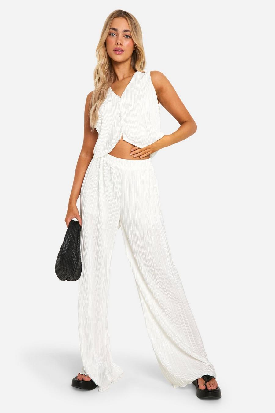 Ivory Plisse Relaxed Fit Wide Leg Trousers