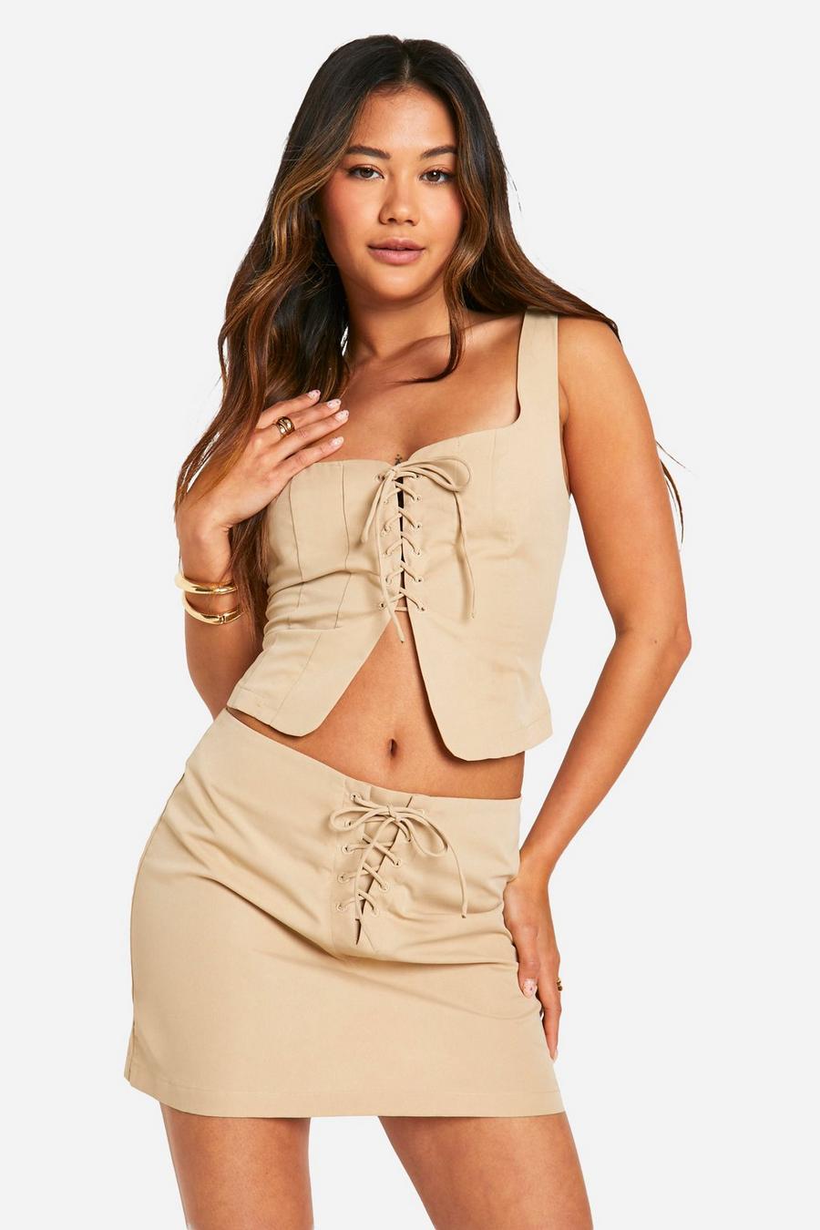 Camel Lace Up Front Micro Mini Skirt