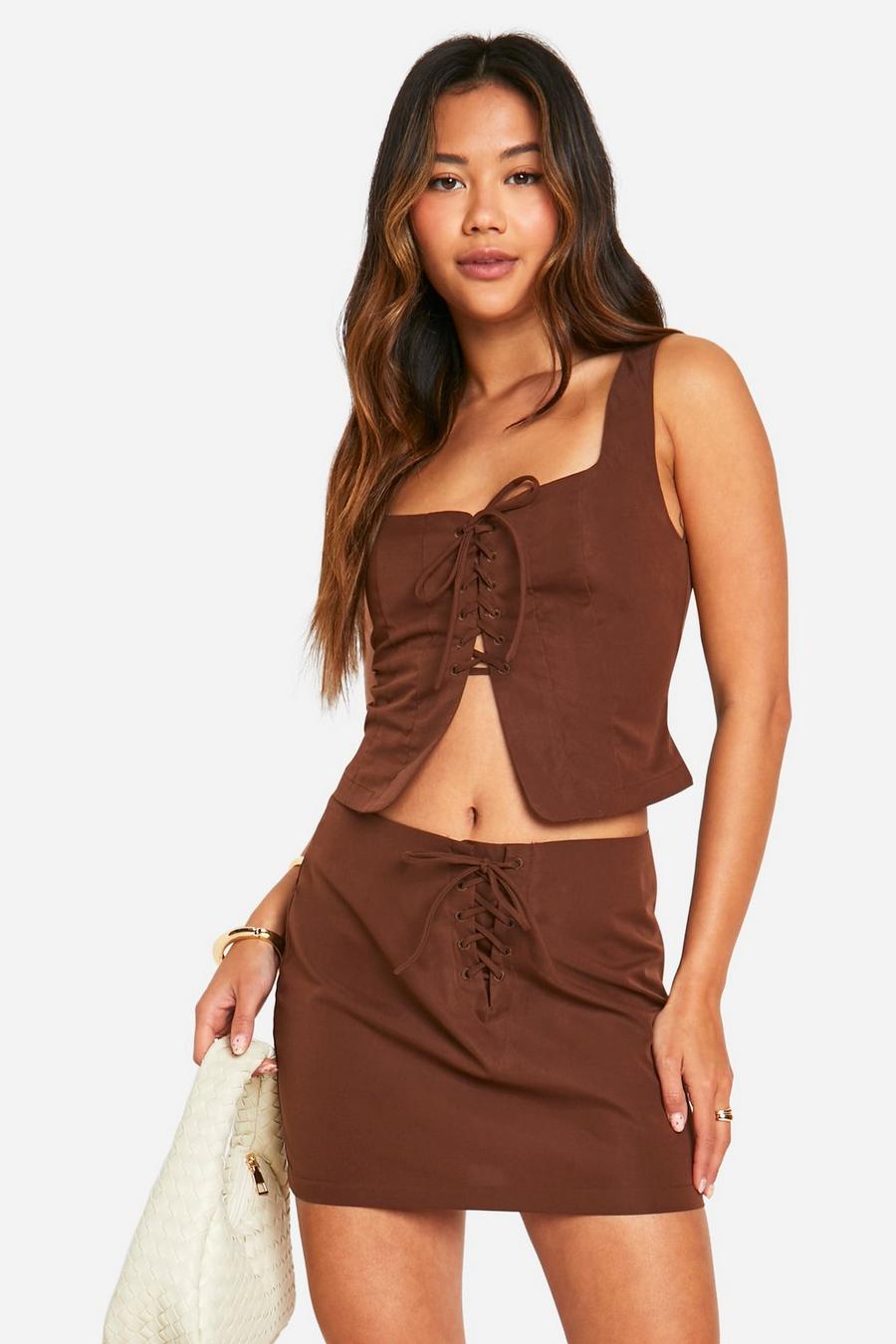 Chocolate Lace Up Front Micro Mini Skirt image number 1
