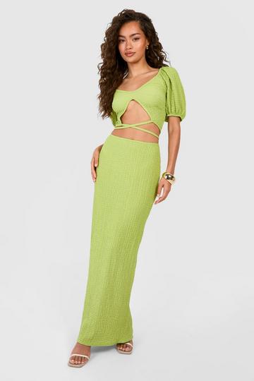 Crop Top Met Textuur, Pofmouwen En Ceintuur En Maxi Rok chartreuse