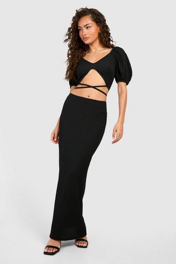 Crop Top Met Textuur, Pofmouwen En Ceintuur En Maxi Rok black