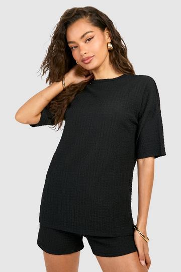 Textured Crinkle Drop Shoulder Tee & Shorts black