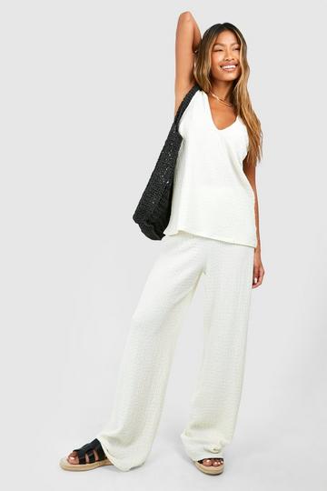 Textured Crinkle Longline Top & Wide Leg Trousers ecru