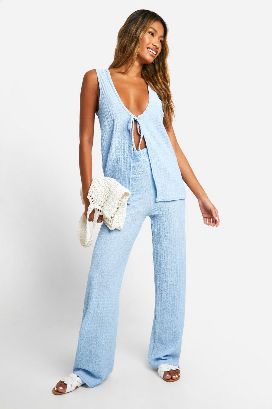 Powder blue Textured Crinkle Tie Front Top & Wide Leg Jean Trousers