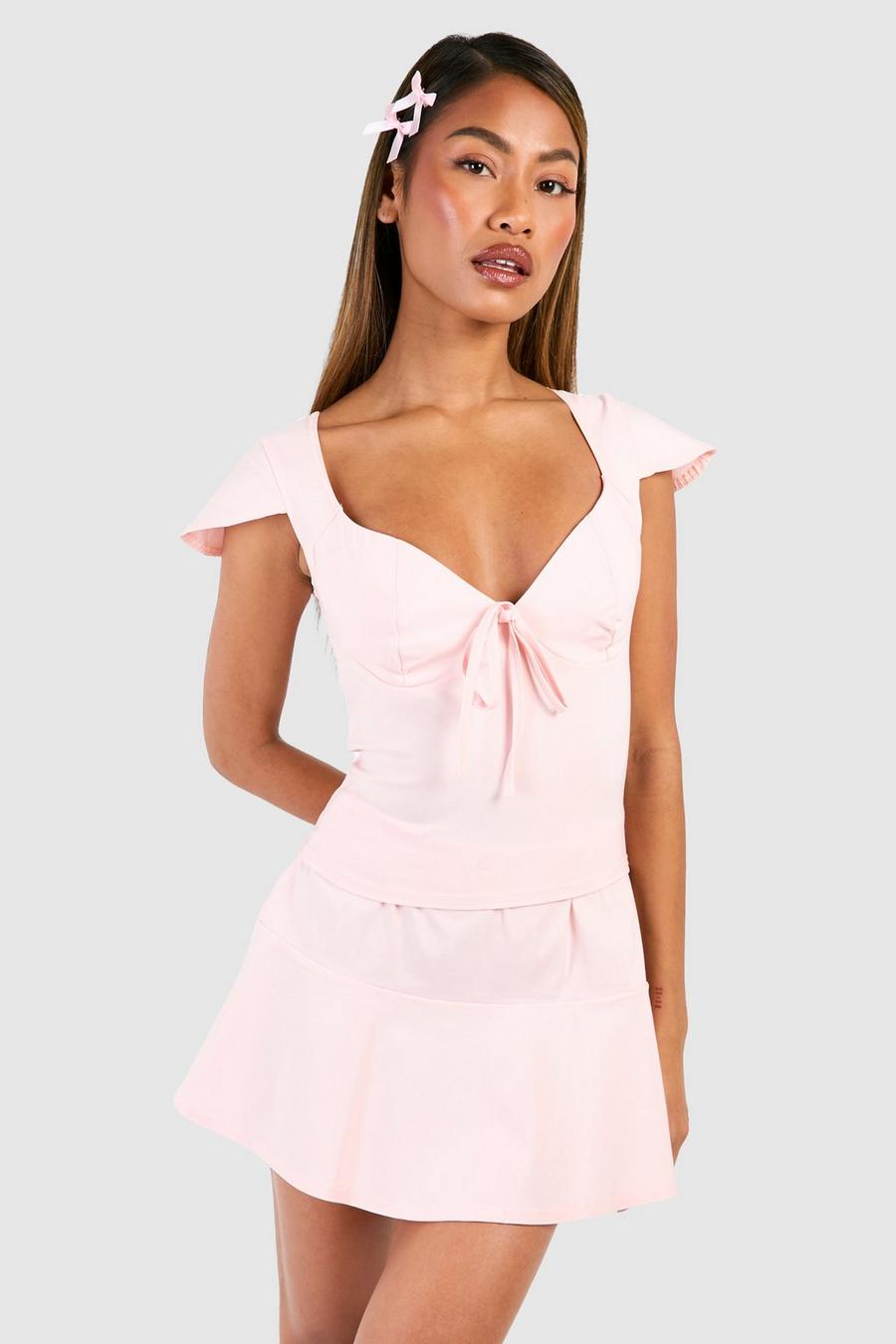 Baby pink Flared Shoulder Crop & Pep Hem Mini Skirt