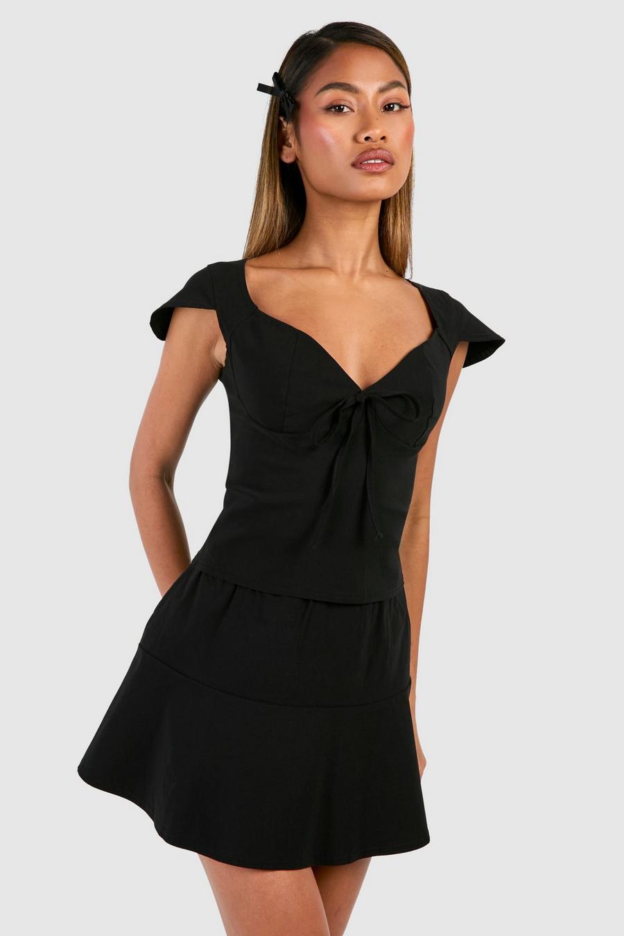 Black Flared Shoulder Crop & Pep Hem Mini Skirt image number 1