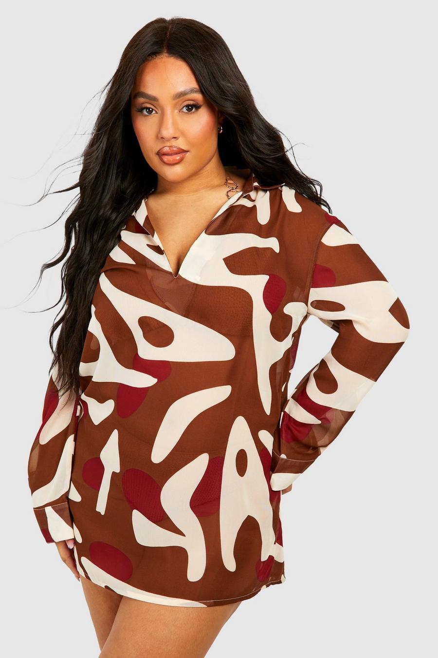 Brown Plus Abstract Print Beach Cover-up Tunic image number 1