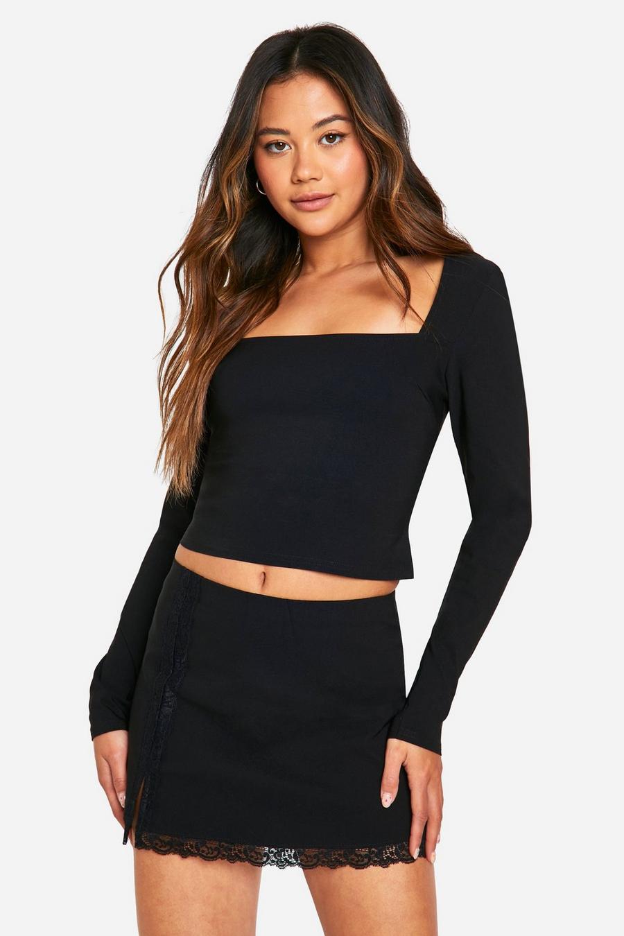 Black Lace Detail Square Neck Crop & Mini Skirt