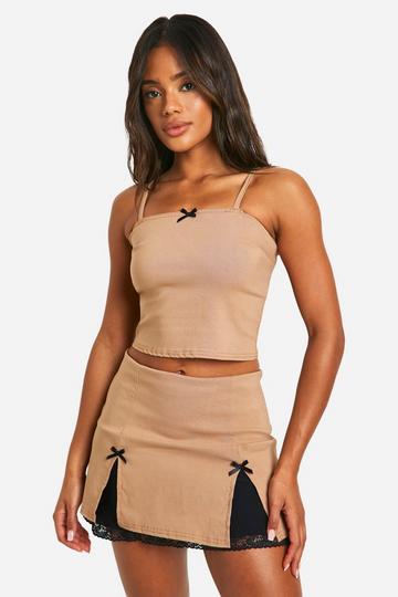 Contrast Bow Square Neck Cami & Mini Skirt camel