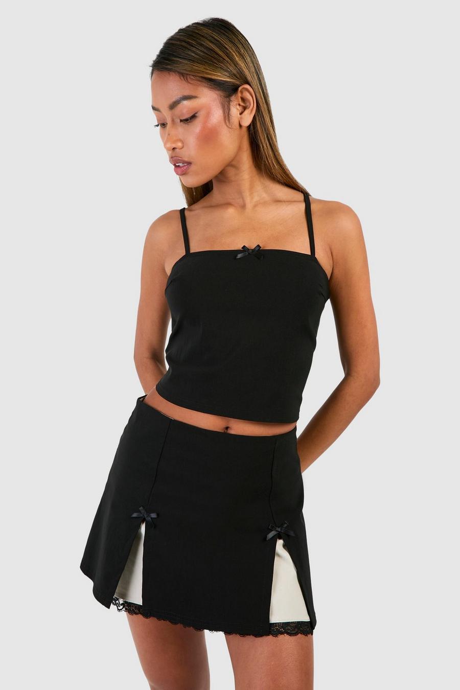 Minifalda y camisola con escote cuadrado y lazo en contraste, Black