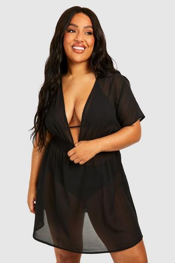 Black Plus Shirred Waist Mini Beach Kaftan