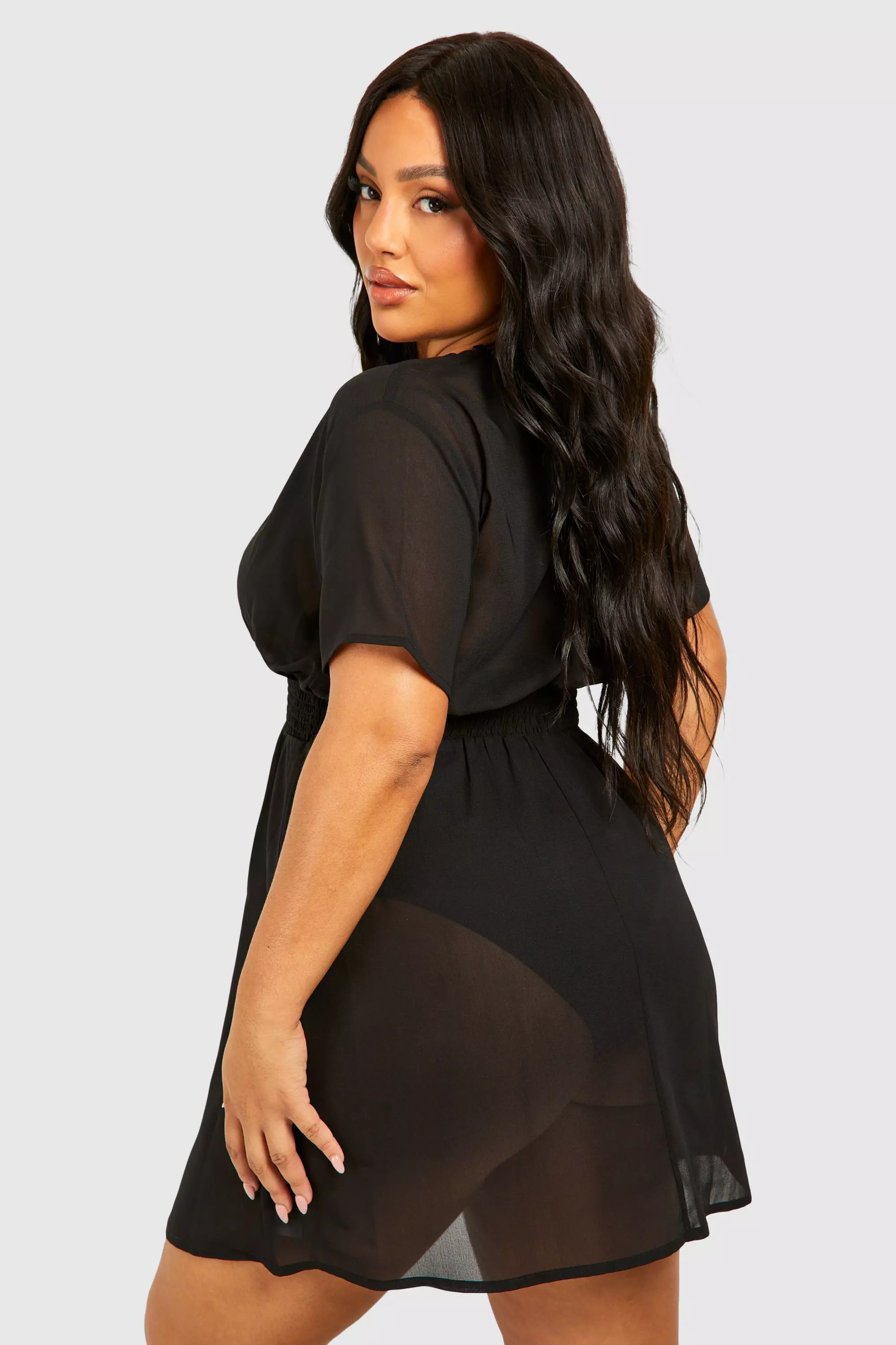 Black Plus Shirred Waist Mini Beach Kaftan alternative image
