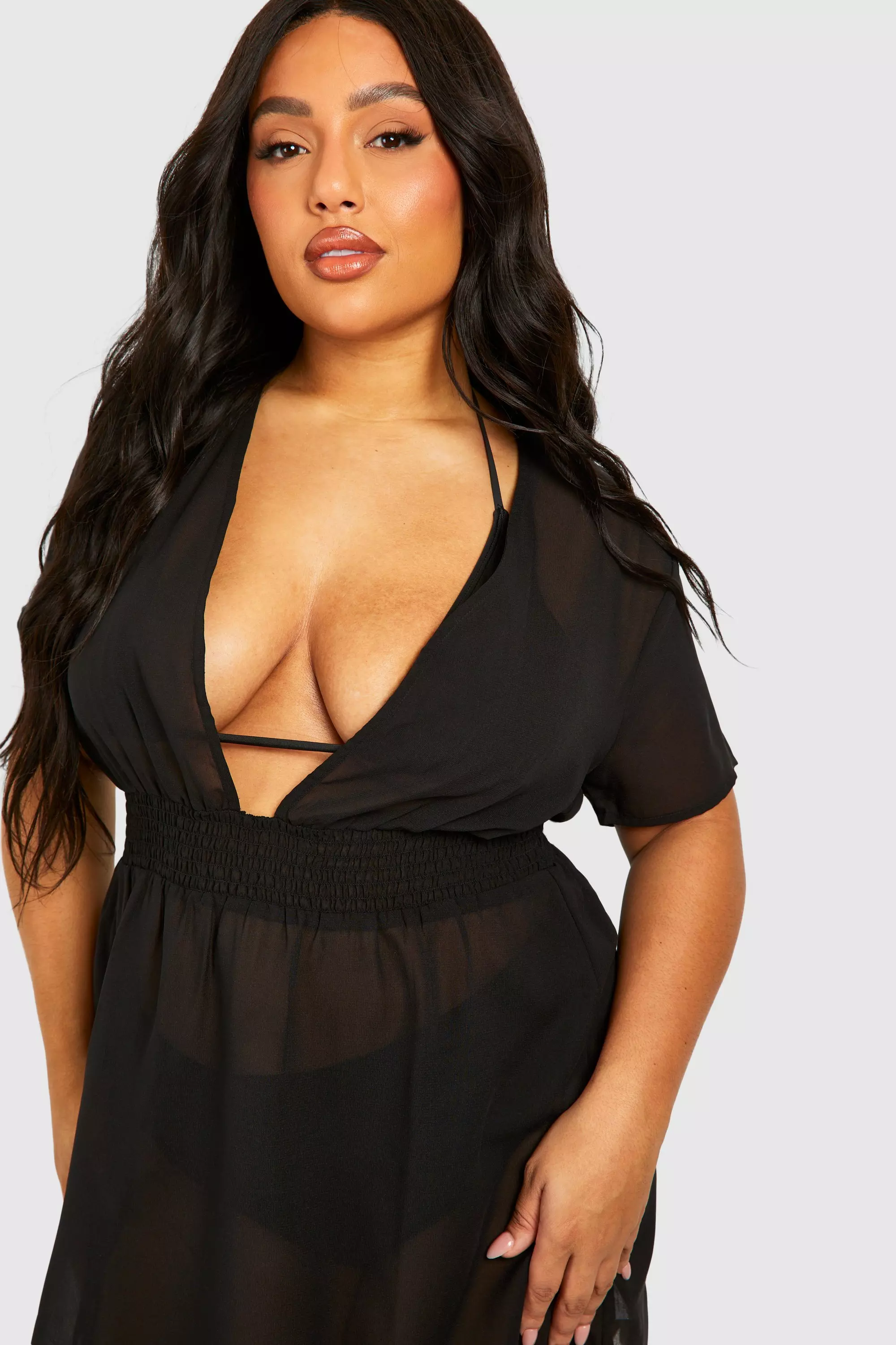 Black Plus Shirred Waist Mini Beach Kaftan alternative image