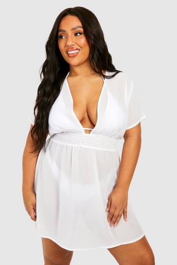 White Plus Shirred Waist Mini Beach Kaftan