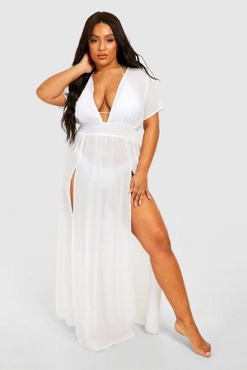 Plus Shirred Waist Maxi Beach Kaftan white