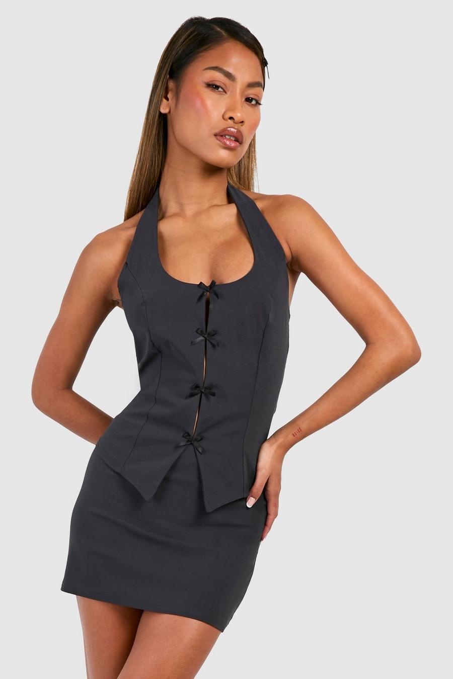 Charcoal Halter Contrast Bow Waistcoat & Micro Mini Skirt image number 1