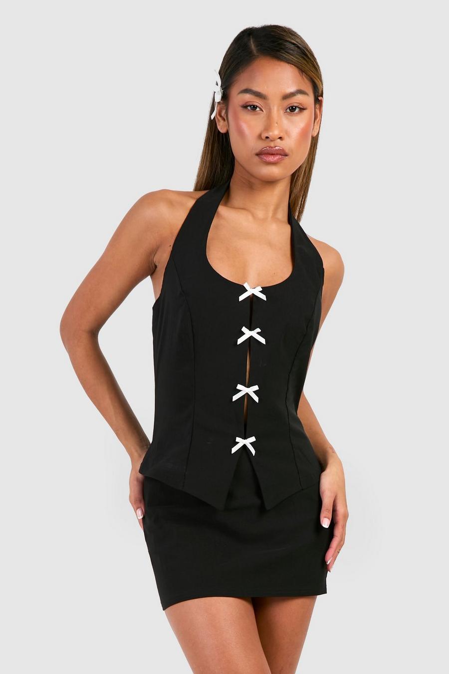 Black Halter Contrast Bow Vest & Micro Mini Skirt image number 1