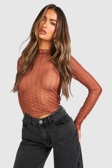 Mesh Slash Neck Crop Top chocolate