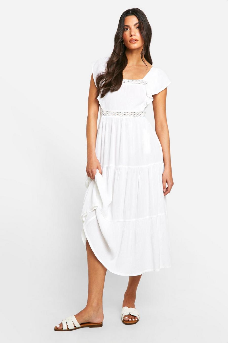Vestito longuette in cotone con arricciature, White image number 1