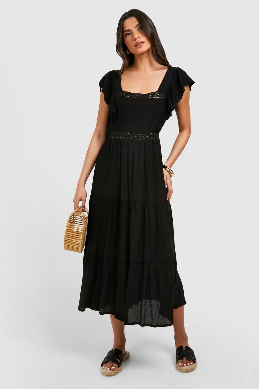 Vestito longuette in cotone con arricciature, Black image number 1