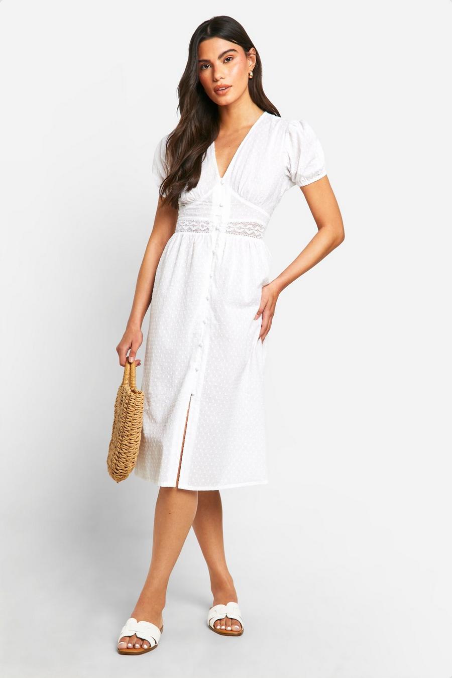 Cotton Dobby Midi Dress, White image number 1