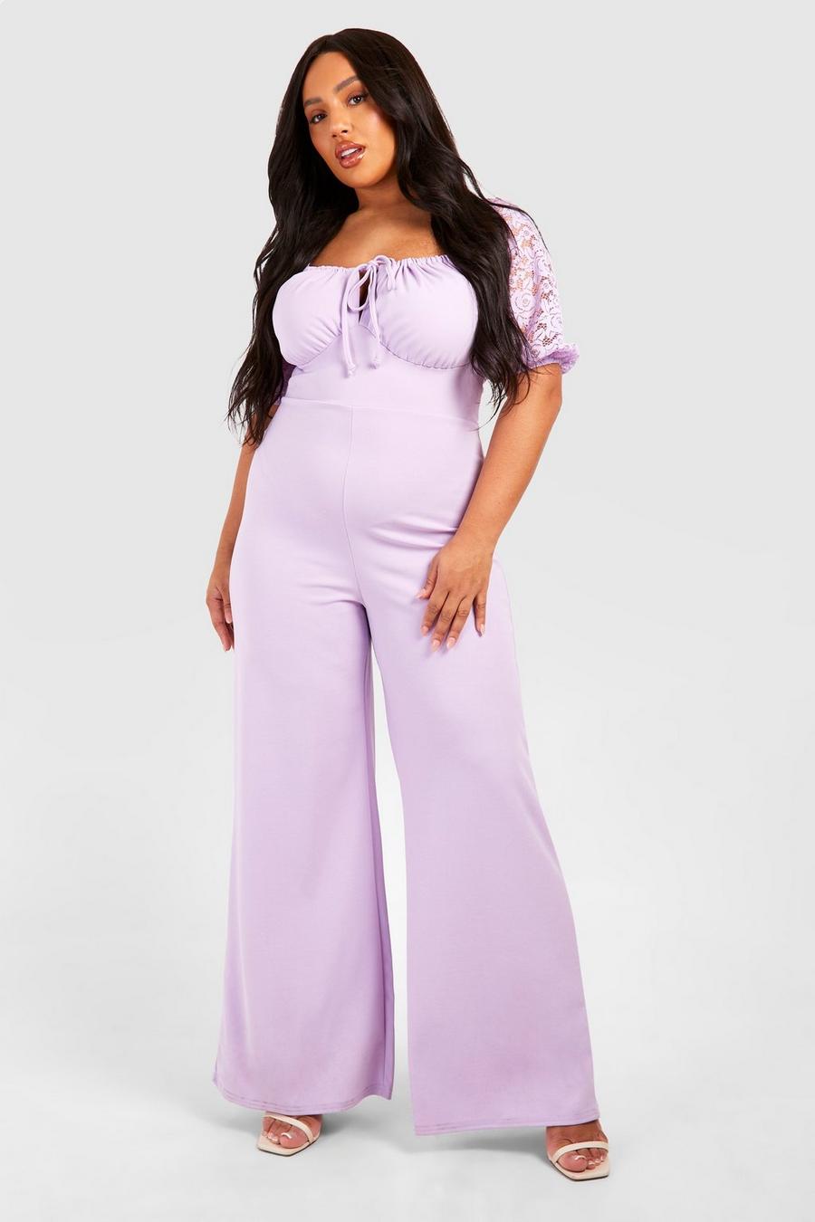 Lilac Plus Jumpsuit i spets med puffärm och vida ben image number 1