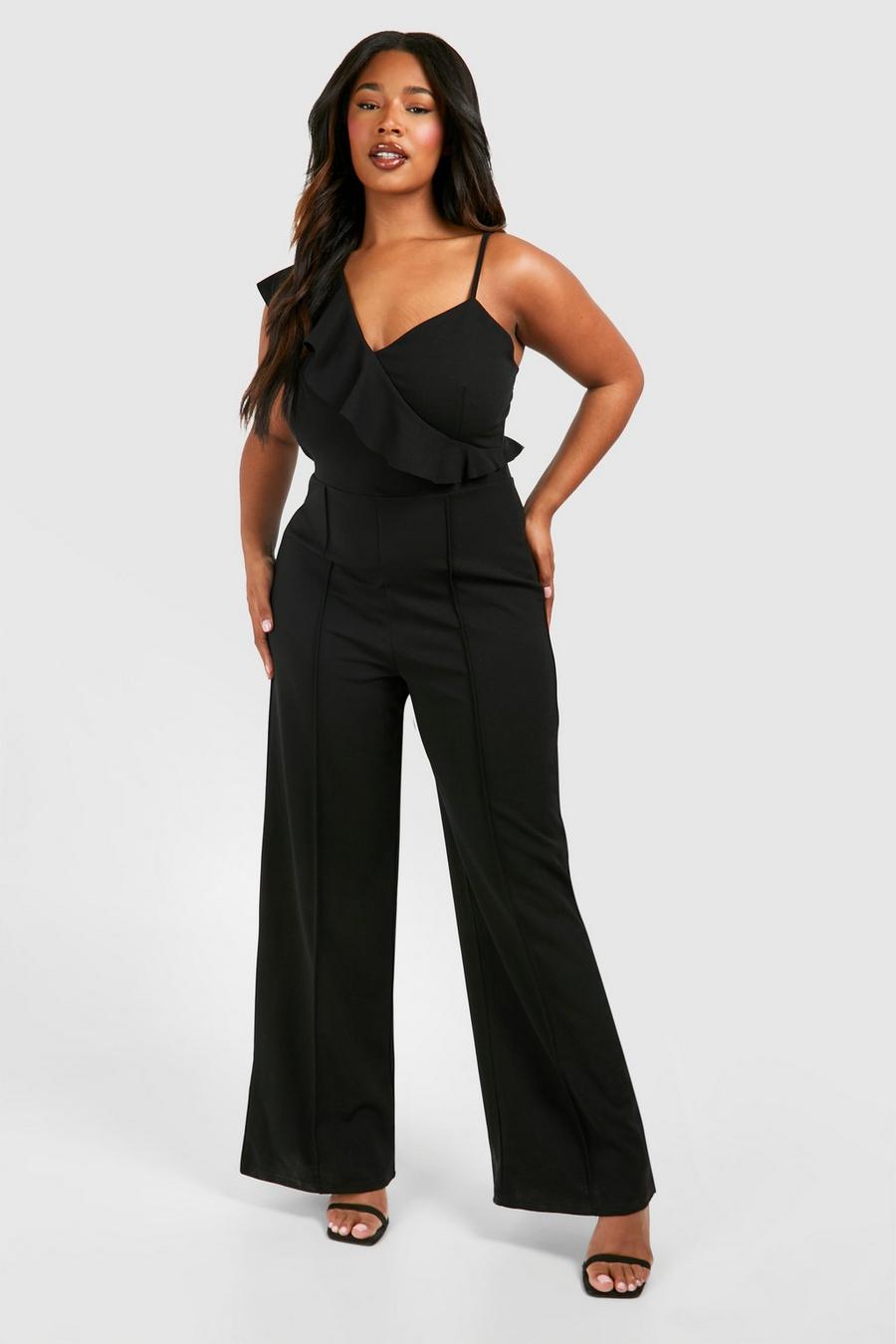 Black Plus Ruffle Detail Strappy Wide Leg Jumpsuit  image number 1
