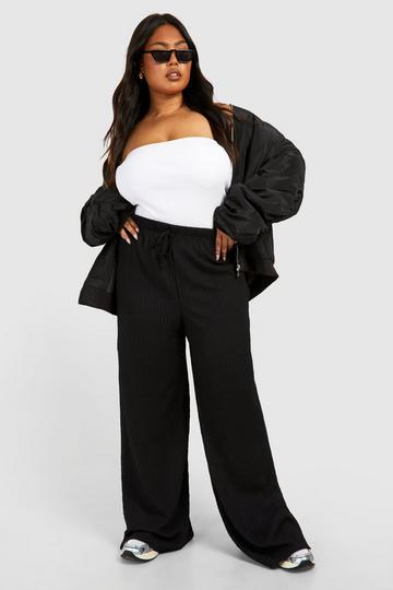 Plus Textured Drawstring Wide Leg Trousers black