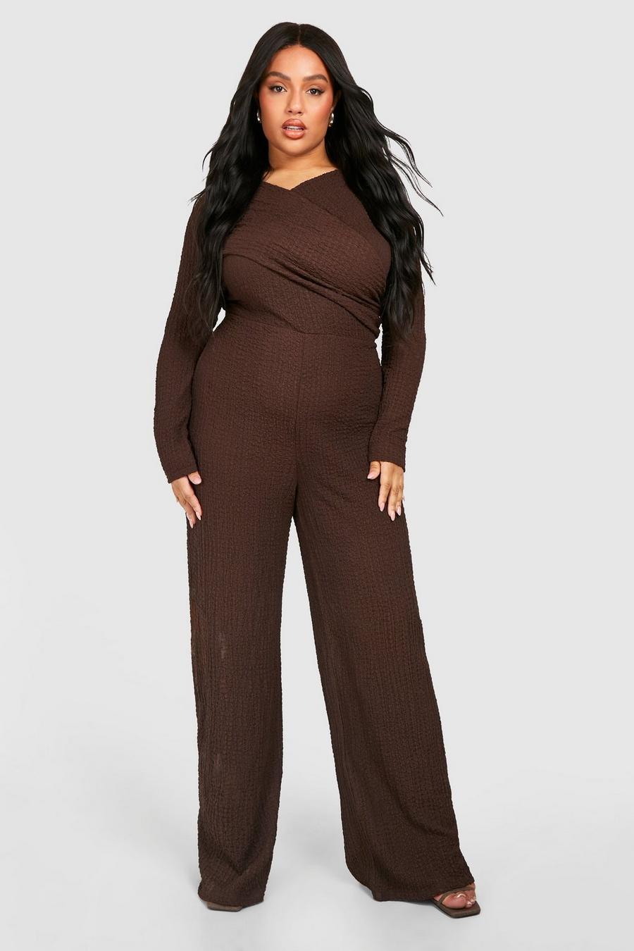 Chocolate Plus Textured Wrap Detail Long Sleeve Jumpsuit  image number 1