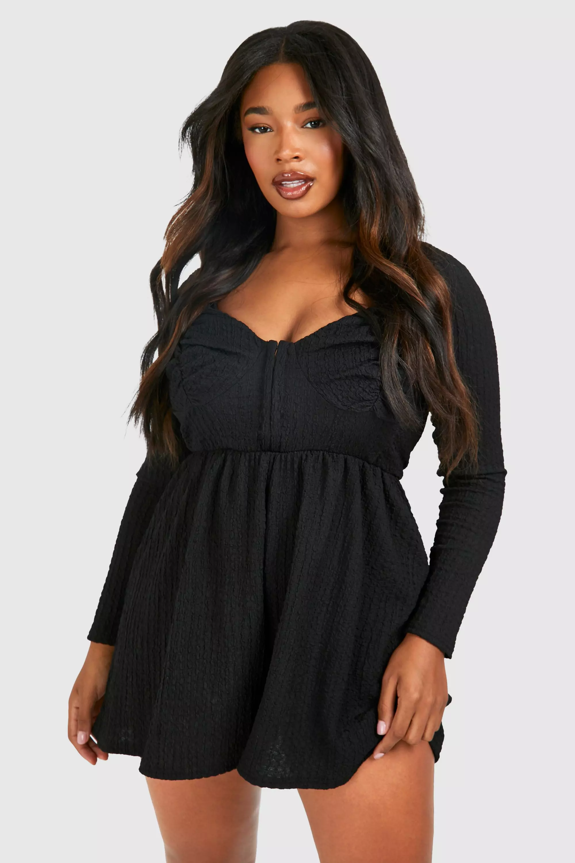 Black Plus Textured Corset Detail Floaty Playsuit  alternative image