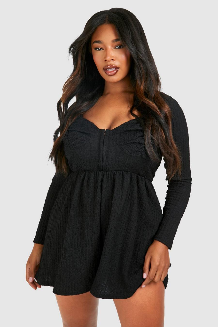 Black Plus Textured Corset Detail Floaty Playsuit  image number 1