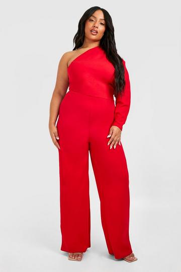 Red Plus One Shoulder Wide Leg Jumpsuit