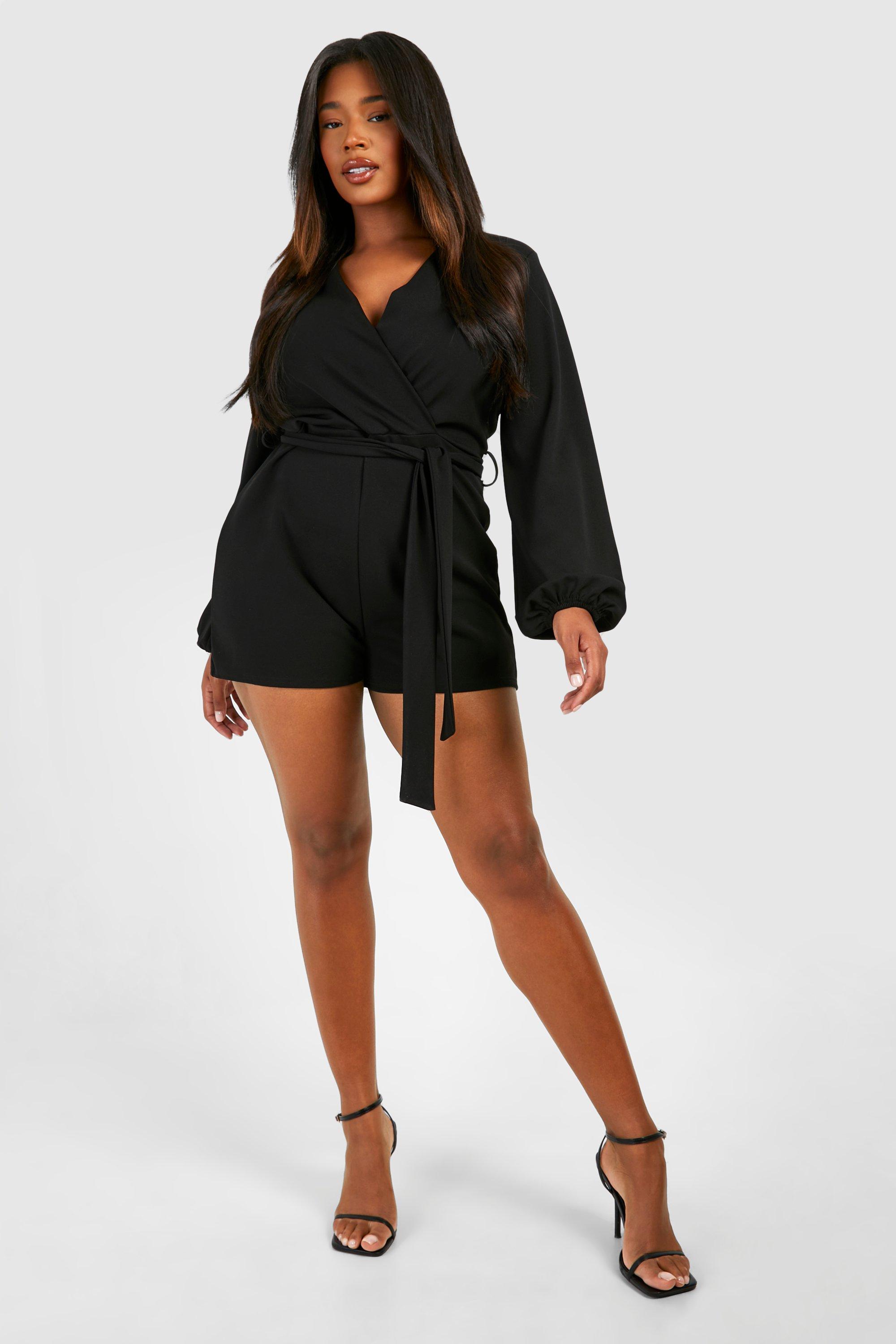 Plus Belted Wrap Long Sleeve Playsuit boohoo UK