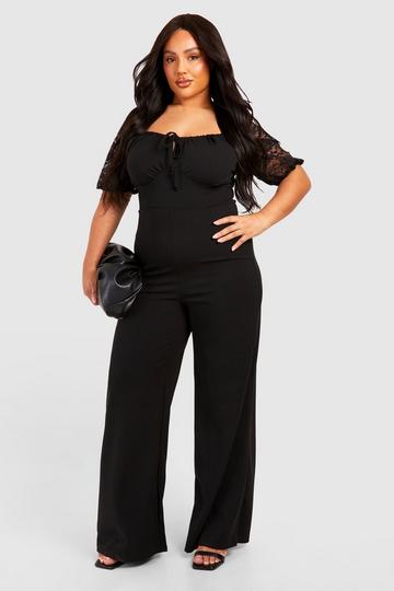 Plus Lace Puff Sleeve Milkmaid Wide Leg Jumpsuit black