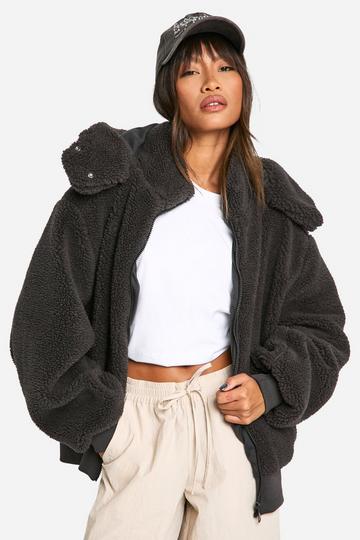 Faux Fur Jas Met Rits En Capuchon charcoal