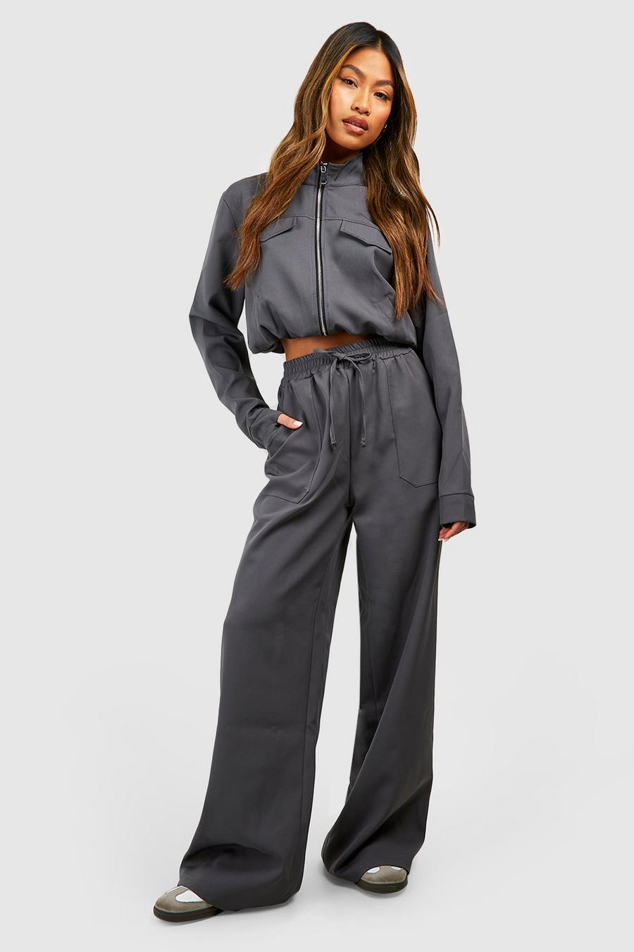 Charcoal Elasticated Waist Slouchy Wide Leg Trousers image number 1