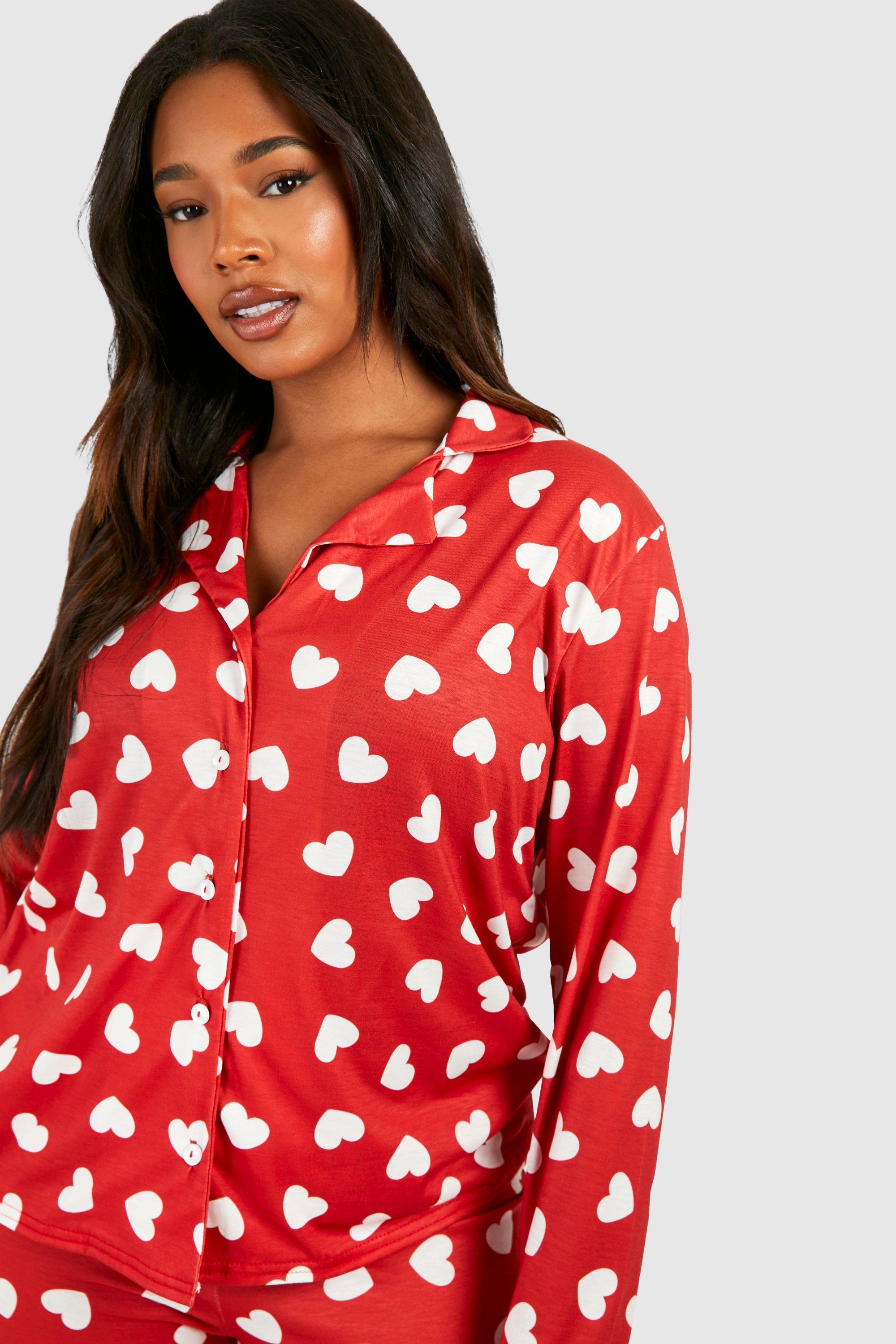 Plus Peached Heart Print Long Sleeve Button Pj Shirt boohoo CA