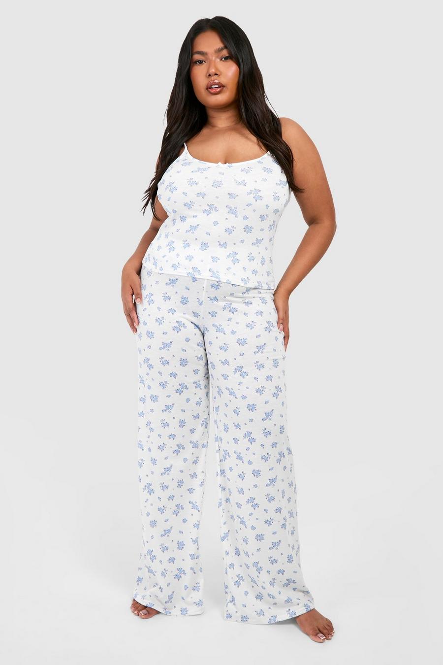 Pantalón de pijama Plus aterciopelado con estampado de florecillas, White image number 1