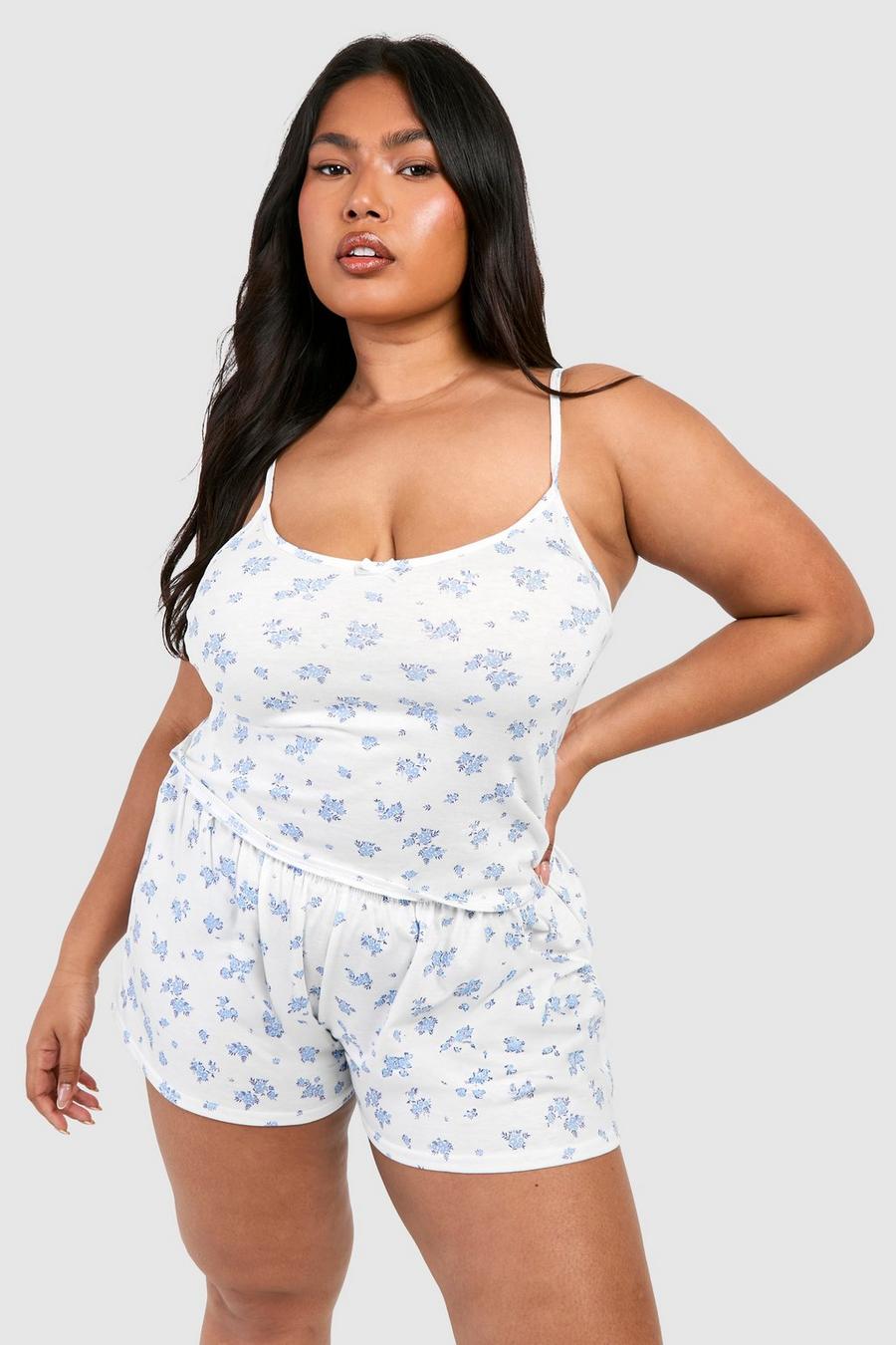 Pantalón corto de pijama Plus aterciopelado con estampado de florecillas, White image number 1