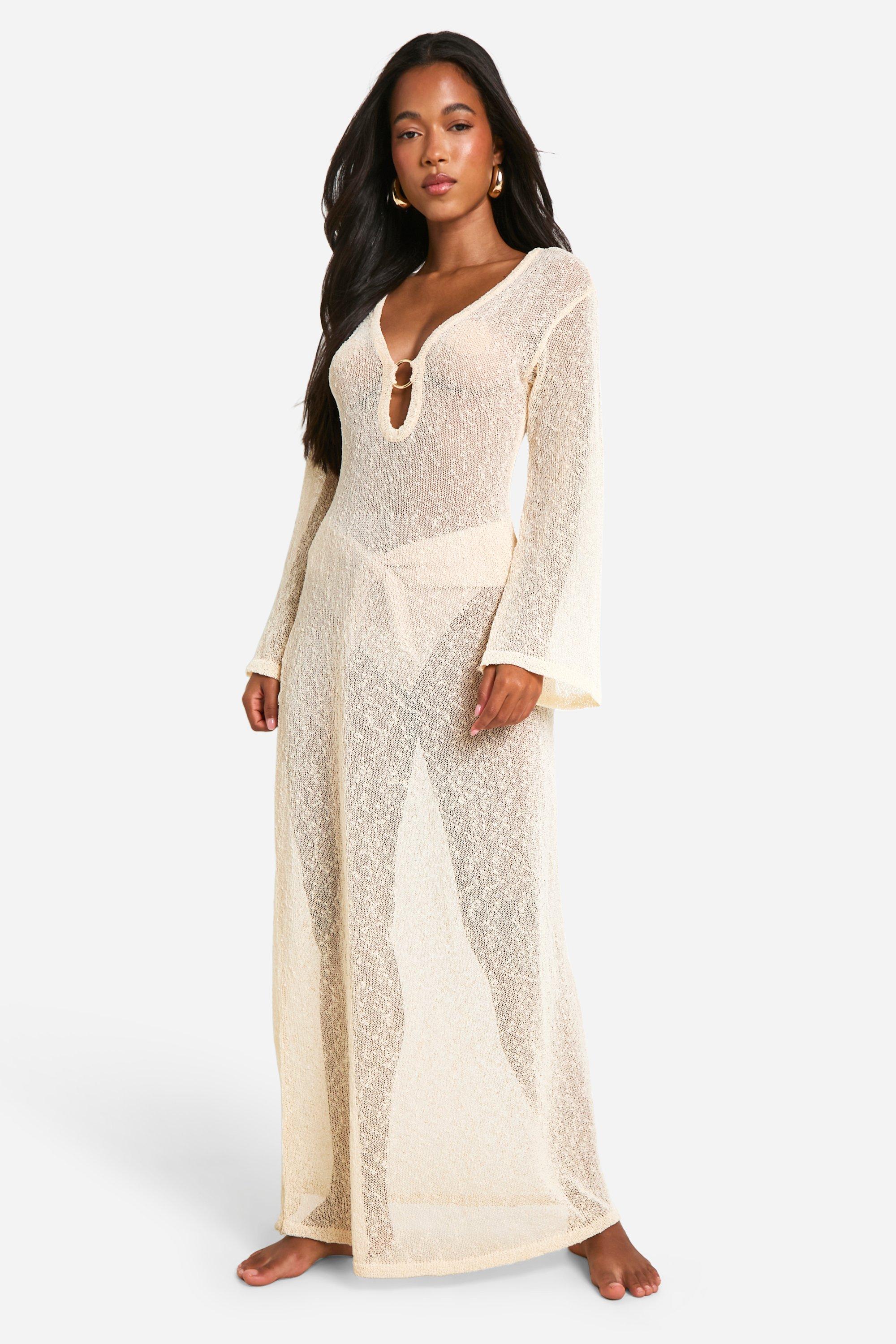 Popcorn Crochet O ring Beach Cover up Maxi Dress boohoo USA