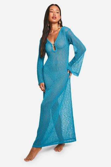 Popcorn Crochet O-ring Beach Cover-up Maxi Dress blue